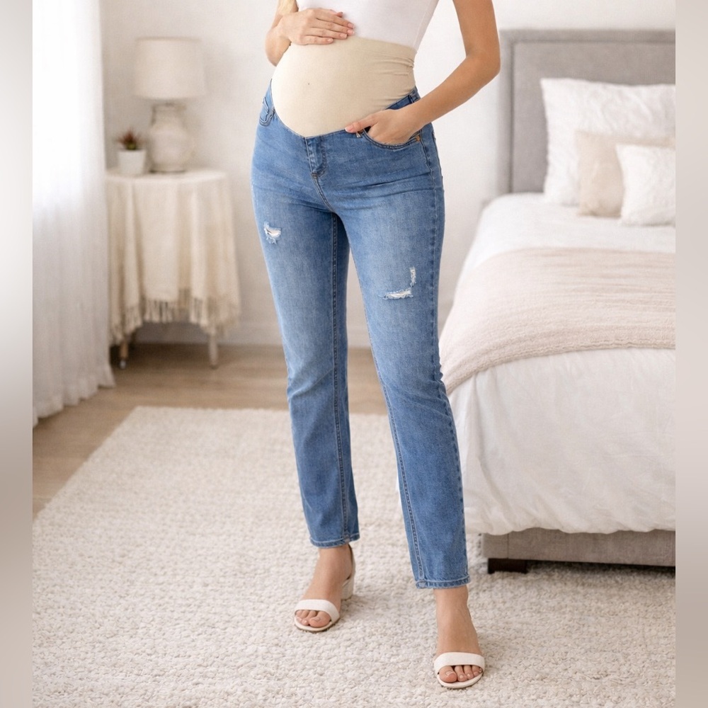 Indigo Blue Maternity Jeans Size S Petite Stretch Distressed Full Panel